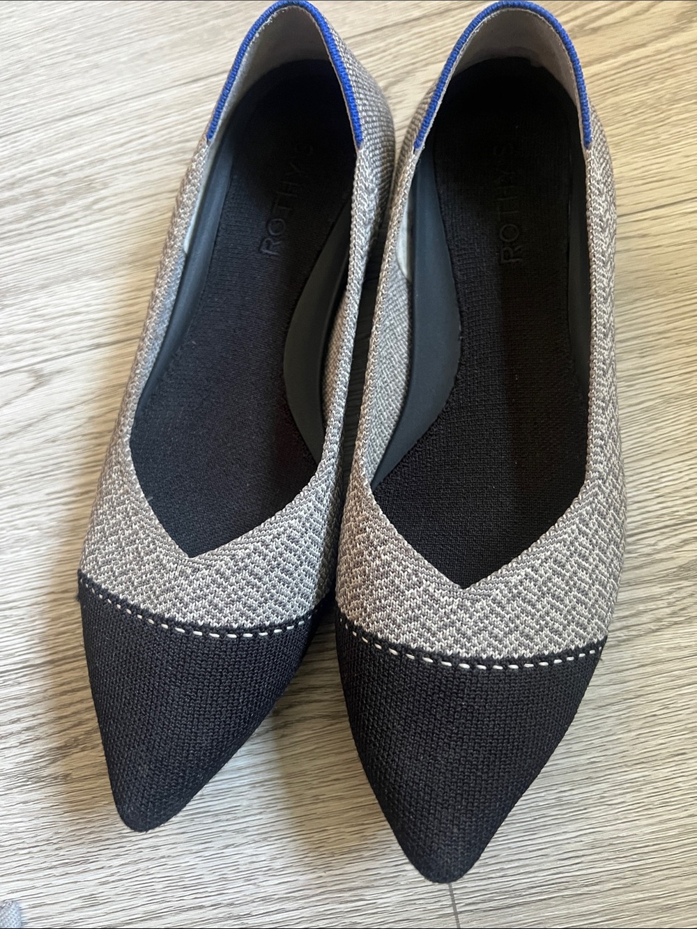 Rothy's Pointed Toe Flats in Black and Gray with Lime Insole